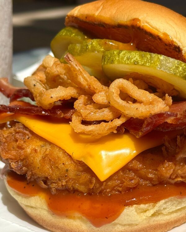 Burger with Cheese and Onion Rings