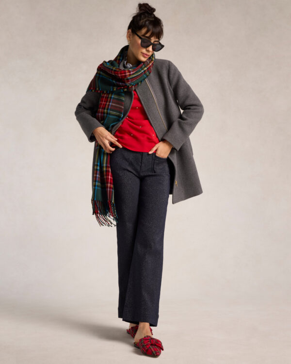 Gray Cardigan, Plaid Scarf, Red Blouse, Black Slacks